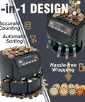 Plug And Play Usd Coin Counter And Automatic Wrapper Machine With Crisp Lcd Panel Smooth High Speed Cash Sorting For Pennies Nickels Dimes Quarters Dollars Built Tough Business Gear Matte Black with coins and wrappers.