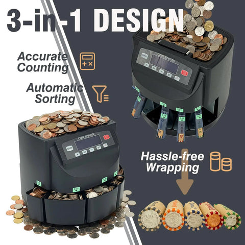 Plug And Play Usd Coin Counter And Automatic Wrapper Machine With Crisp Lcd Panel Smooth High Speed Cash Sorting For Pennies Nickels Dimes Quarters Dollars Built Tough Business Gear Matte Black with coins and wrappers.