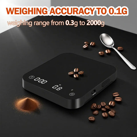 Black palm size coffee scale with timer auto precision espresso scale 0.1g to 2000g rechargeable, coffee beans and spoon nearby