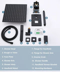 Ceiling Shower System With 12 Inch Rain Head Handheld And Body Spray Kit Glossy Black Ceiling Mount Shower Faucet Set components