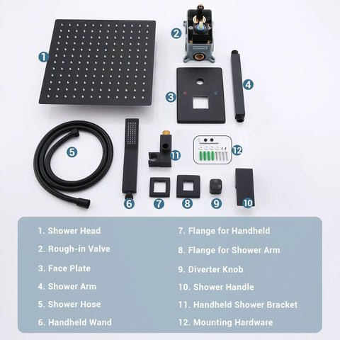 Ceiling Shower System With 12 Inch Rain Head Handheld And Body Spray Kit Glossy Black Ceiling Mount Shower Faucet Set components