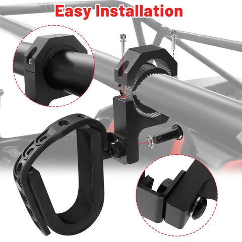 Close-up of UTV Gun Holder Roll Bar Rack showing installation on a one to two inch roll bar with rubber inserts for a Polaris RZR.