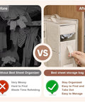 Comparison of closet storage before and after using Heavy Duty Linen Bed Sheet Storage Organizer For Closet With Folded Blanket Pockets And Oversized Comforter Rack To Keep Your Sheets Slick And Ditch The Daily Rummaging.