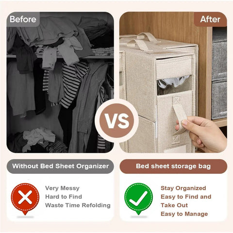 Comparison of closet storage before and after using Heavy Duty Linen Bed Sheet Storage Organizer For Closet With Folded Blanket Pockets And Oversized Comforter Rack To Keep Your Sheets Slick And Ditch The Daily Rummaging.