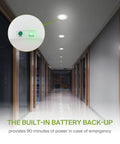 6 Inch Led Downlight Recessed Ceiling Light 8 Pack With Emergency Battery Backup shown in a hallway providing 90 minutes of power.