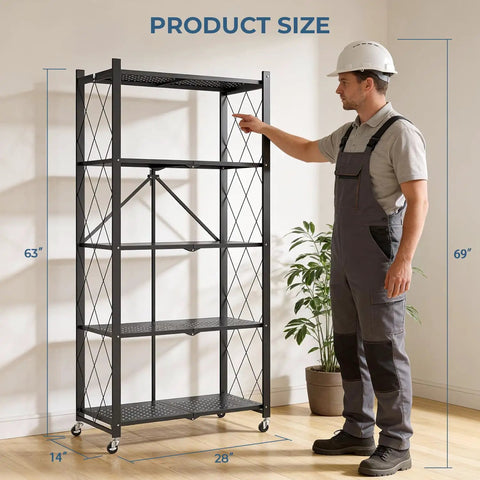 Heavy Duty 5-Tier Rolling Storage Shelves With Wheels, Portable And Collapsible Wire Steel Organizer For Garage, Kitchen, Pantry And Closet, Matte Black, Quick 5-Second Setup, Durable Display Unit For Instant Organization. 28" W x 14" D x 63" H rolling shelf