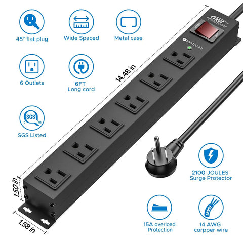 Beefy Heavy Duty Metal Power Strip With Switch Six Outlet 15A 1875W Durable Aluminum Housing 6 Foot Cord Ready For Workshop Garage Home Office Electronics And Tools black metal 6-outlet, 14.48 in power strip with 6 ft cord and 45° flat plug