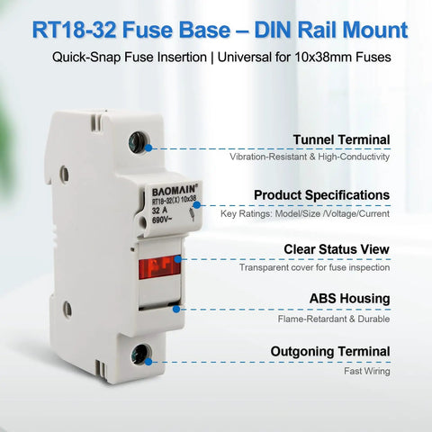 One Pole Fuse Holder Base For RT18-32 Fuses 10x38mm 32 Amp 690 VAC DIN rail mount with indicator light, UR and CE certified, side view.