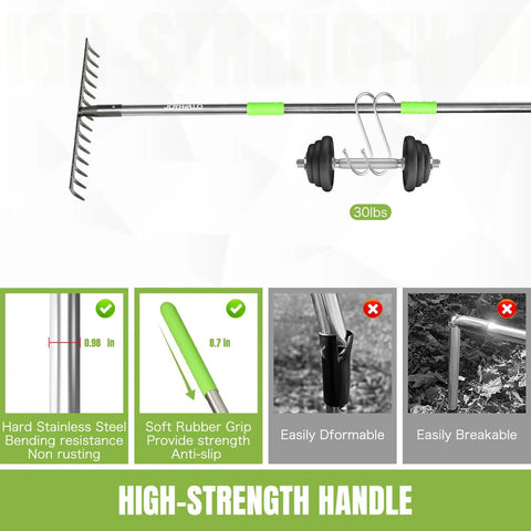 Adjustable Bow Rake With 14 Tines, 13.7 Inch Wide Metal Head, Telescoping 30.5 To 57 Inch Reach, high-strength handle features