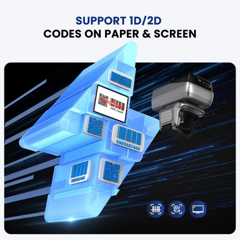 2D Bluetooth Ring Barcode Scanner With Screen, shown scanning various barcodes and QR codes, highlighting diverse scanning capabilities.