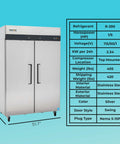 Heavy Duty Two Door Reach In Refrigerator With 49 Cubic Feet Of Cold Storage And Brushed Stainless Finish front view with dimensions and specifications