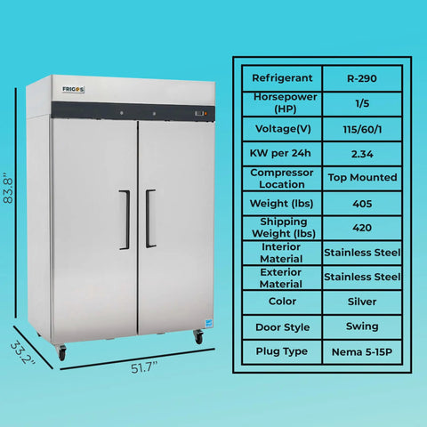 Heavy Duty Two Door Reach In Refrigerator With 49 Cubic Feet Of Cold Storage And Brushed Stainless Finish front view with dimensions and specifications