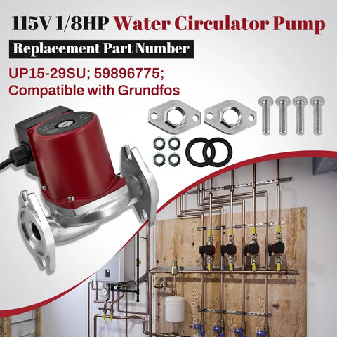 Top Shelf 1/8 HP Hot Water Circulation Pump Flanged with parts and wall piping, 115V compatible with Grundfos UP15-29SU.