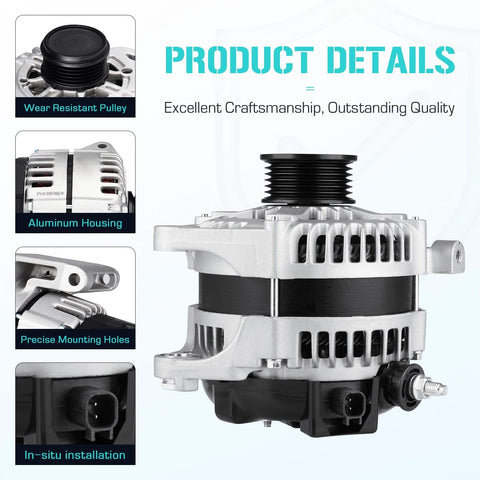 Beefed-Up Alternator For Wrangler 3.8L 2007-2008 And Vans Like Grand Caravan Town And Country Routan 3.3L-3.8L 2008-2010 Replaces 04801304AA 4801304AA 421000-0700 11295 AL6462X with aluminum housing and wear-resistant pulley