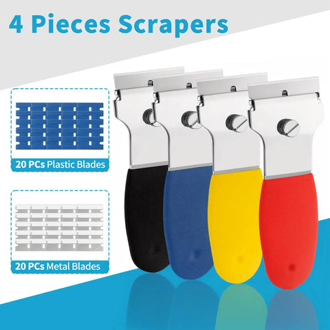 Razor Blade Scraper Kit With Four Scrapers And Forty Replacement Blades Metal And Plastic for cleaning surfaces