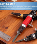Pneumatic air file set installation process showing red and black handles with square steel burrs, part of Proven Job Ready Pneumatic Air File Set With Five Square Steel Burrs Designed For Fast Metal Grinding Polishing And Straight Up Reliable Daily Workshop Tasks.