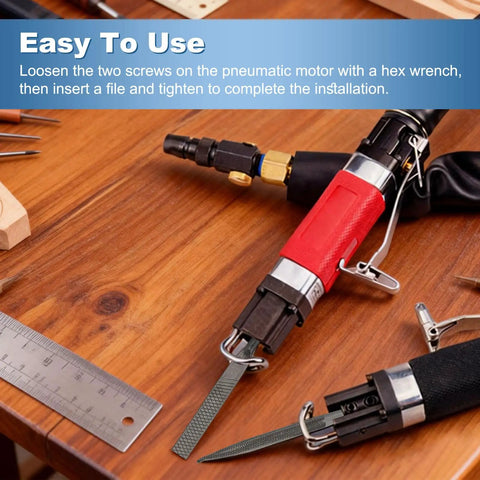 Pneumatic air file set installation process showing red and black handles with square steel burrs, part of Proven Job Ready Pneumatic Air File Set With Five Square Steel Burrs Designed For Fast Metal Grinding Polishing And Straight Up Reliable Daily Workshop Tasks.