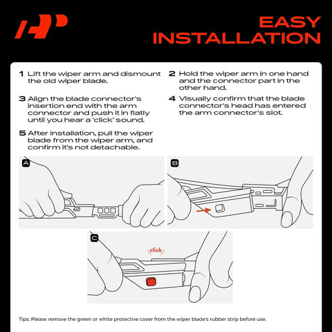 Easy installation guide for Heavy Duty 24 And 21 Inch Windshield Wiper Blades With Slick All Season Beam Design.