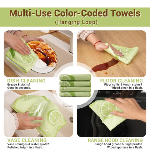 YUA microfiber cleaning cloths, 4-pack shown, green lemon, lint-free towels for dishes, floors, vases and range hoods
