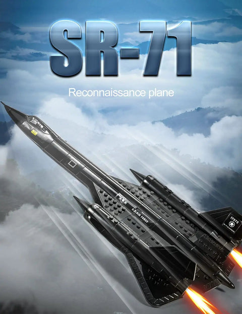 SR-71 Blackbird Reconnaissance Aircraft Building Block Set flying over clouds, military brick model for kids and adults.