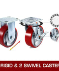 6 Inch Heavy Duty Caster Wheels Set Of 4 With 2 Rigid And 2 Swivel Casters And Side Brake Durable Polyurethane Wheels On Iron Core Plate