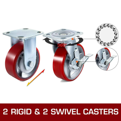 6 Inch Heavy Duty Caster Wheels Set Of 4 With 2 Rigid And 2 Swivel Casters And Side Brake Durable Polyurethane Wheels On Iron Core Plate