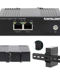 Heavy Duty Industrial PoE Plus Extender Delivers 80 Watts On Din Rail Mount showcasing ports and mounting features.
