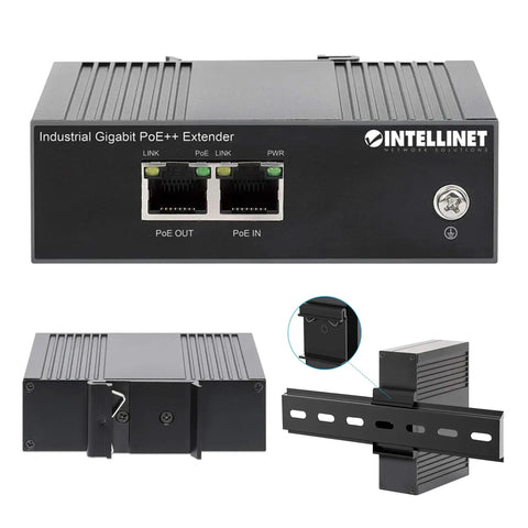 Heavy Duty Industrial PoE Plus Extender Delivers 80 Watts On Din Rail Mount showcasing ports and mounting features.