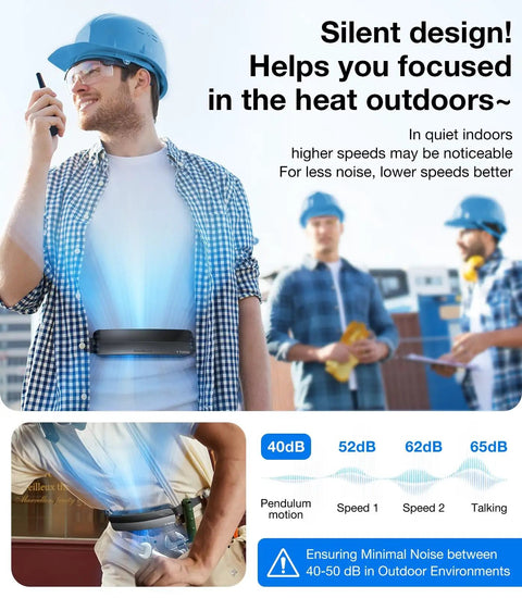Construction worker wearing Ultra Light Waist Belt Fan for Full Body Cooling, Hands Free Portable Cooler, 360 Degree Breeze