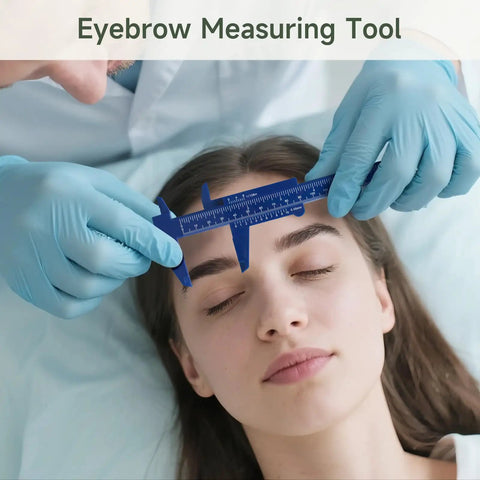 Person using blue plastic vernier caliper as an eyebrow measuring tool, highlighting precise measurement for beauty application.