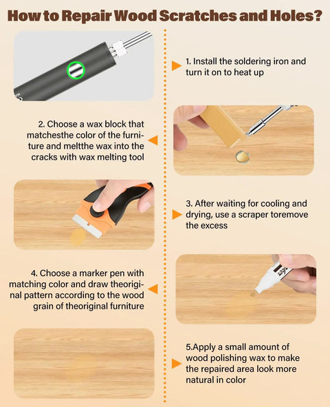 Furniture Repair Kit With Wax Melting Tool Display And Marker Pen For Wood Surfaces Includes Hard Wax Filler chart