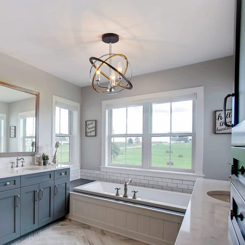 Bathroom with Three Light Farmhouse Dope Vintage Chandelier With Industrial Chrome Matte Finish E12 Base above bathtub