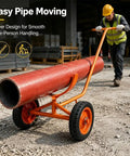 Rock Solid Heavy Duty Pipe Cart With Solid Tires Steel Bar Cradle Supports 800 Lb For Gritty Construction And Warehouse Moves Holding 300 Mm Pipes For Tough Firefighting Ops Where You Need Gear Getting It Done Without Breaking A Sweat, transporting a large pipe.