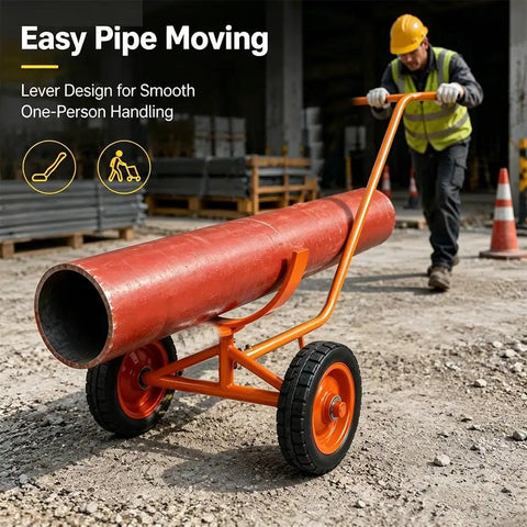 Rock Solid Heavy Duty Pipe Cart With Solid Tires Steel Bar Cradle Supports 800 Lb For Gritty Construction And Warehouse Moves Holding 300 Mm Pipes For Tough Firefighting Ops Where You Need Gear Getting It Done Without Breaking A Sweat, transporting a large pipe.
