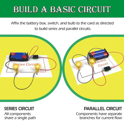 Instructions for series and parallel circuits from Cool Hands On Electric Science Kit For Kids With 12 Power Missions STEM Lab