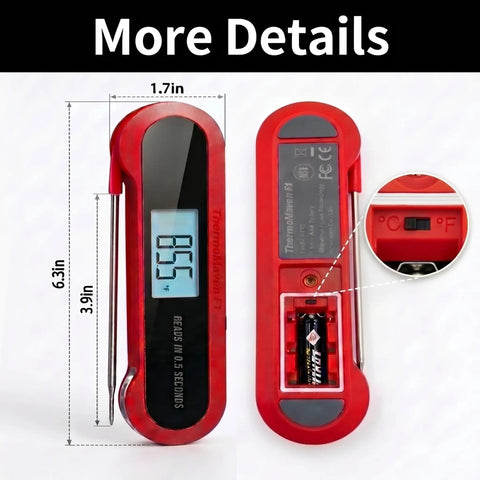 3X Faster 0.5 Second Instant Read Meat Thermometer front and back views, red casing, detailed measurements, and battery compartment.
