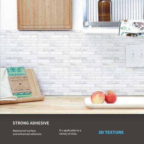 Dope Premium Peel And Stick Kitchen Backsplash Tiles 12 By 12 Inch White Marble Look installed on a kitchen wall.