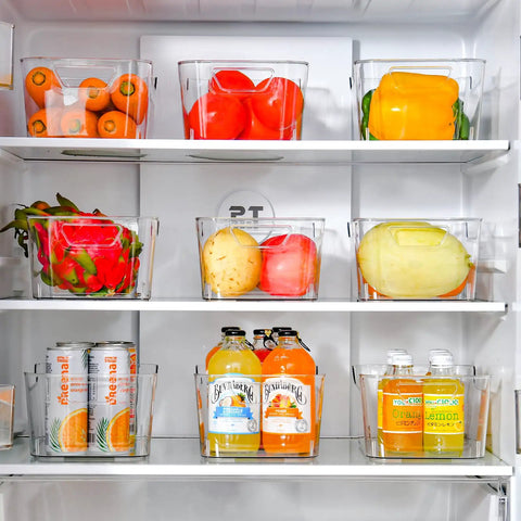 Straight Up Sturdy 12 Pack Clear Plastic Storage Bins With Handles For Pantry Organizing Cabinet Shelving Transparent Food Containers Super Handy For Freezer Closet Under Sink Setup with fruits and drinks in fridge.