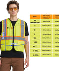 Level Up Your Road Ready Look With This Dope Yellow Hi Viz Safety Vest Featuring Bold Retro Reflective Stripes And Comfortable Unisex Fit For Day Or Night Shifts, shown on a model with reflective stripes and pockets.