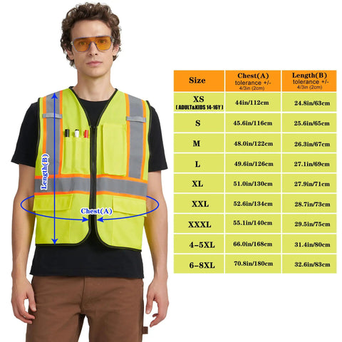 Level Up Your Road Ready Look With This Dope Yellow Hi Viz Safety Vest Featuring Bold Retro Reflective Stripes And Comfortable Unisex Fit For Day Or Night Shifts, shown on a model with reflective stripes and pockets.