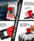 Clip-On Circuit Breaker Lockout Kit With Padlock And Tags For No Tool LOTO Locks, Grab-And-Go Design, Fits Handles Up To 0.63 Inch, OSHA Compliant Quick And Safe Electrical Lockout Tagout Gear showing segmented uses and features.