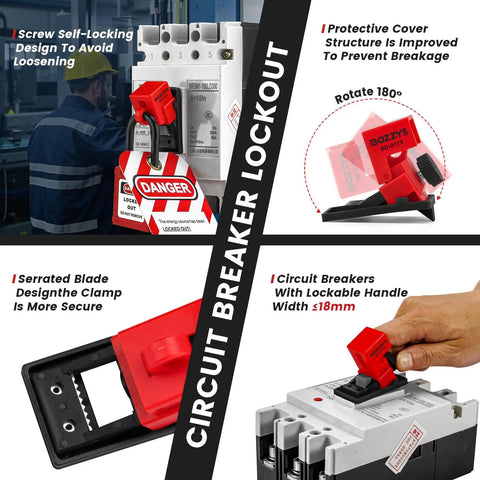 Clip-On Circuit Breaker Lockout Kit With Padlock And Tags For No Tool LOTO Locks, Grab-And-Go Design, Fits Handles Up To 0.63 Inch, OSHA Compliant Quick And Safe Electrical Lockout Tagout Gear showing segmented uses and features.