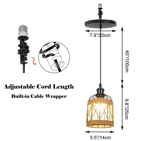 Kiven Instant Light Conversion Kit for 4/5/6inch Hole with adjustable 40-inch cord and rattan shade for farmhouse lighting.