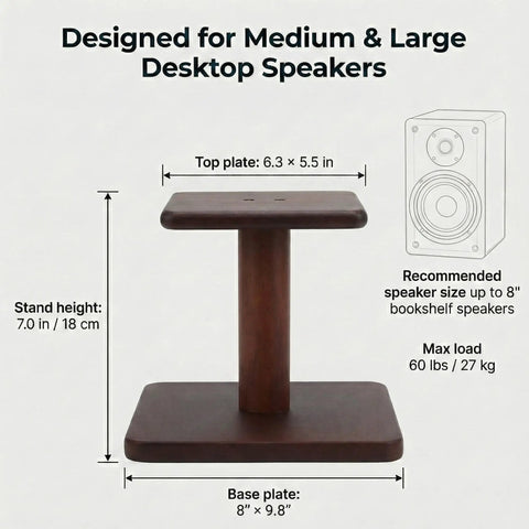 Diagram of Solid Wood Desktop Speaker Stands With Natural Style And 360 Degree Rotatable Top Plate For Medium To Large Desk Speakers And Studio Monitors In Walnut Brown Finish, showing dimensions.