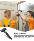 Two workers installing a door with Tough Heavy Duty 4 Inch T Hinges Set Of 6 Black Iron Hinges For Gates Fences And Barn Doors Built To Last Rust Resistant Easy Swing Strong Load Bearing Hardware For Outdoor Use.