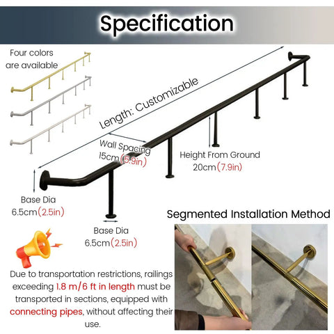 Top Shelf Gold Bar Foot Rail Kit Featuring Heavy Duty Wall Brackets Solid Tube And Secure End Caps Undercounter Pub Toe Kick for customizable length rail specifications