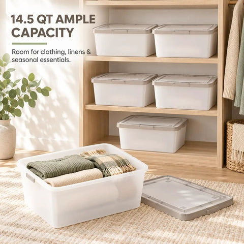 Crushing Clutter Game Changer Heavy Duty Plastic Storage Totes With Secure Snap On Lids 6 Pack displayed with stacked bins holding towels.