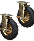 Real Deal Heavy Duty Caster Wheels Eight And Ten Inch Swivel Brake Outdoor Casters For Yard Cart Hauling One Thousand One Hundred Pound Load Rating Smooth Roll Rubber Tires Mounting Kit close-up of two heavy duty 10 inch swivel brake caster wheels with rubber tires.