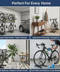 Beefy Heavy Duty Bicycle Parking Stand Floor And Wall Mounted Rack in various home settings for mountain and road bikes.
