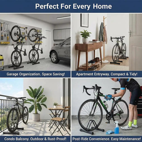 Beefy Heavy Duty Bicycle Parking Stand Floor And Wall Mounted Rack in various home settings for mountain and road bikes.